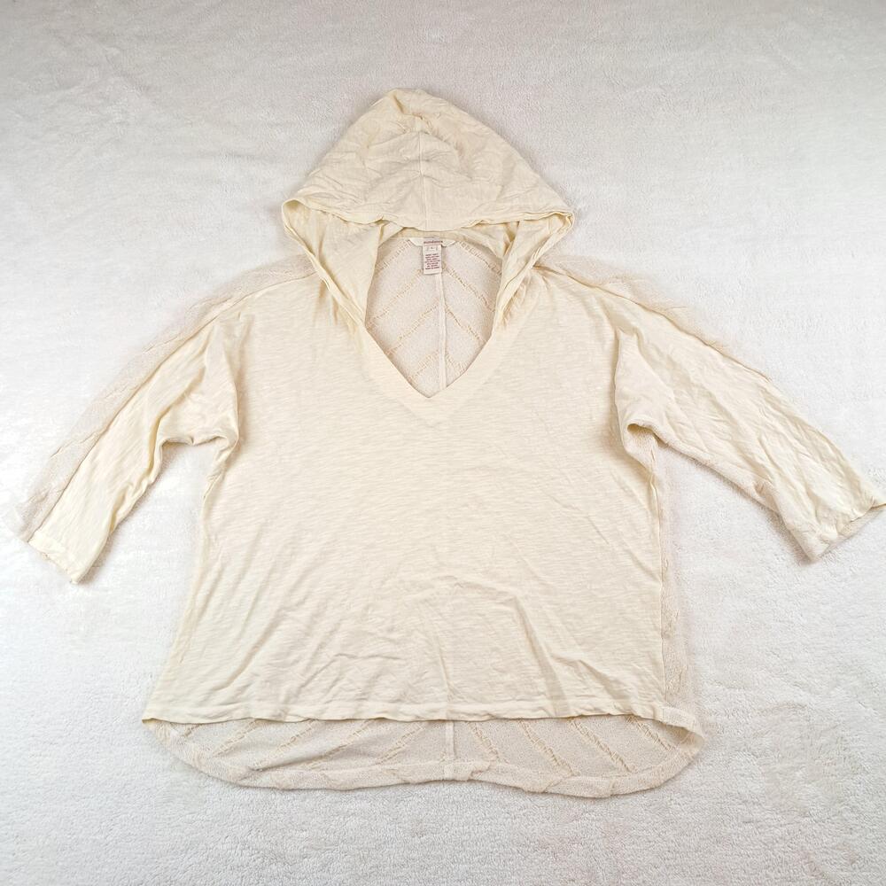 Sundance Shirt Womens Large Cream V Neck Sheer Lace Back 3/4 Sleeve Hooded Top